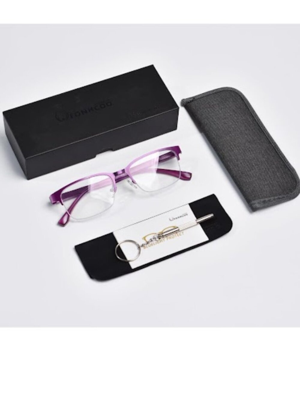 FONHCOO Purple Multifocus Reading Glasses Blue Light Blocking Semi Rimless - Picture 7 of 7